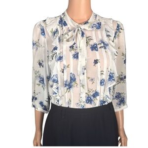 Monsoon White & Blue Floral Ruffle Blouse Size 4